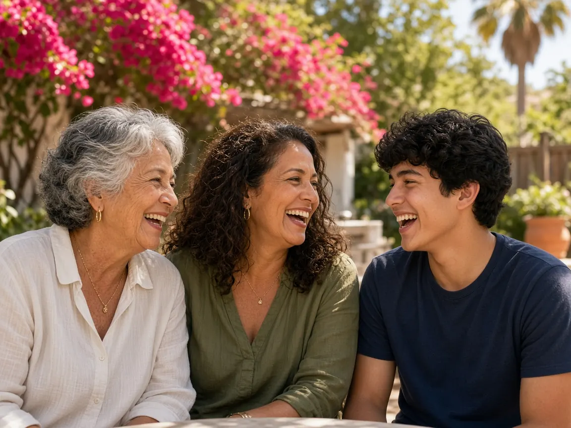 Three generations of a San Diego family laughing together on a sunny patio