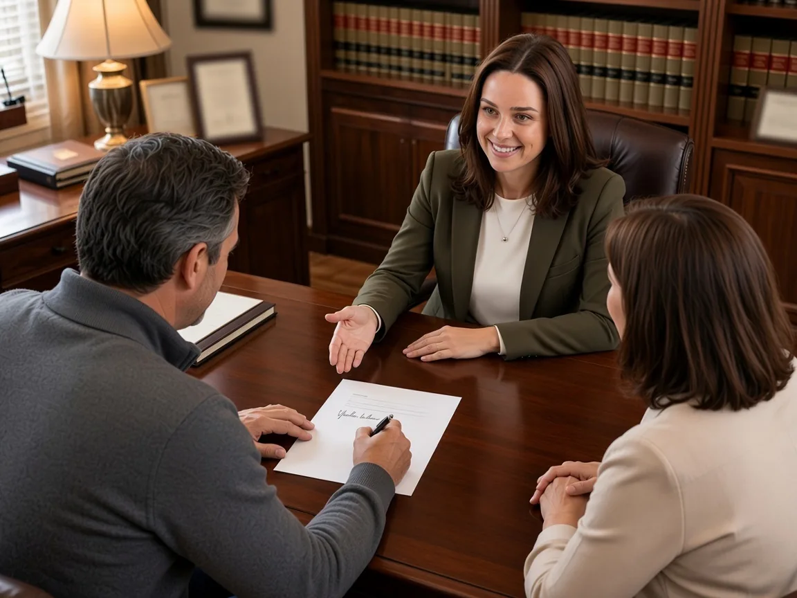 A couple signing estate planning documents with attorney Irina Sherbak in her office